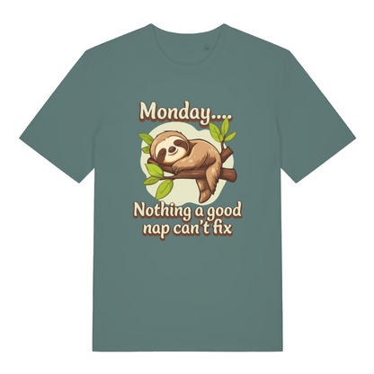 green women's kawaii t-shirt with the graphic of a sleeping sloth and the slogan 'monday, nothing a good nap can't fix'