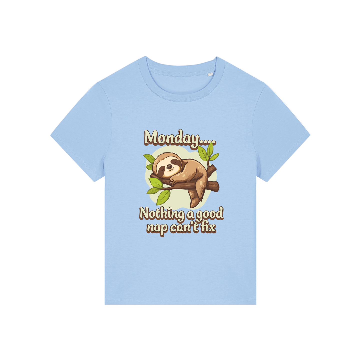 light blue kawaii t-shirt with the graphic of a sloth and the slogan 'monday nothing a good nap can't fix'