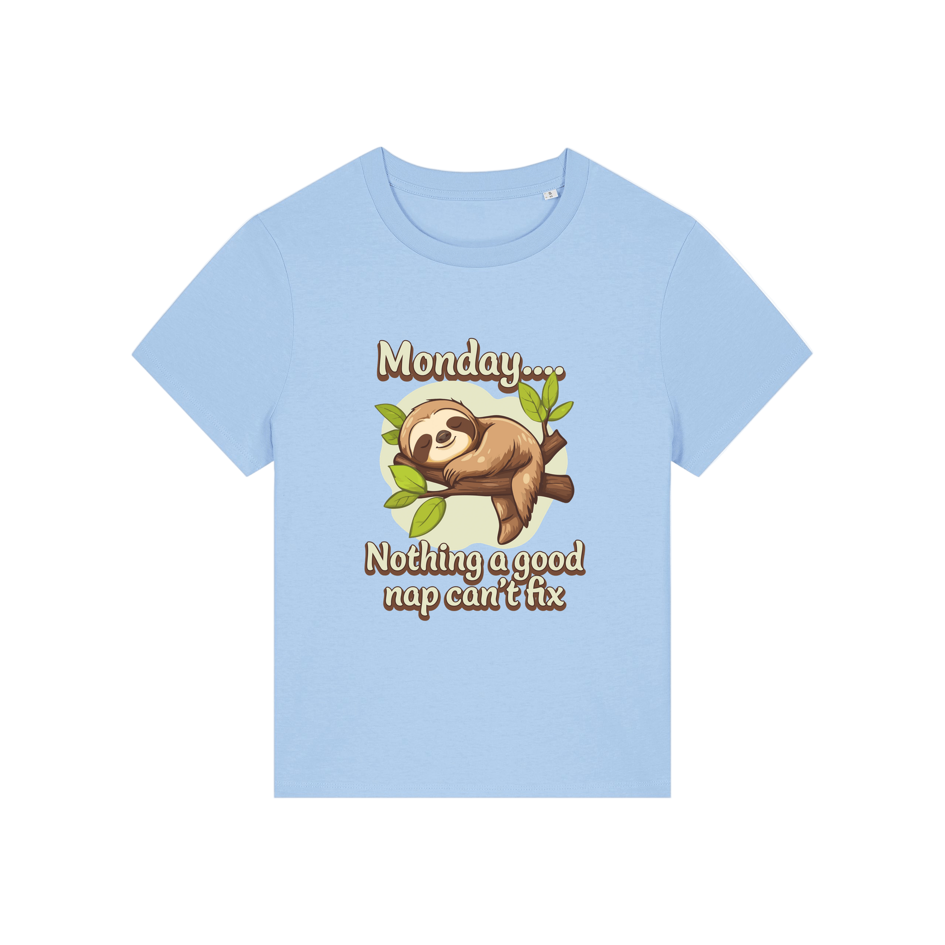 light blue kawaii t-shirt with the graphic of a sloth and the slogan 'monday nothing a good nap can't fix'
