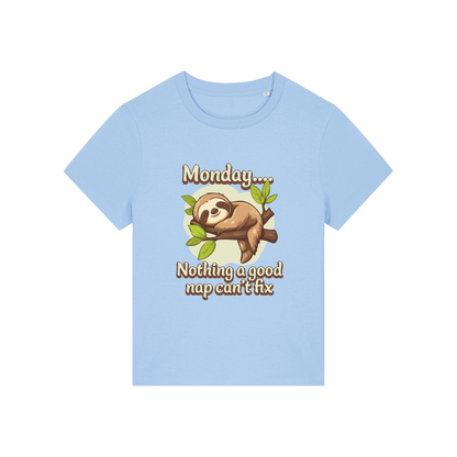 light blue kawaii t-shirt with the graphic of a sloth and the slogan 'monday nothing a good nap can't fix'