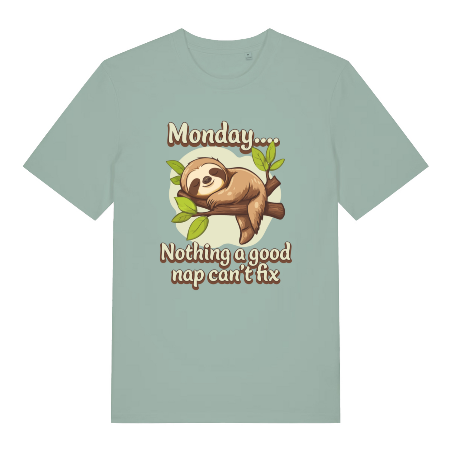 light green women's kawaii t-shirt with the graphic of a sleeping sloth and the slogan 'monday, nothing a good nap can't fix'