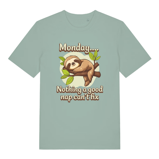 light green women's kawaii t-shirt with the graphic of a sleeping sloth and the slogan 'monday, nothing a good nap can't fix'