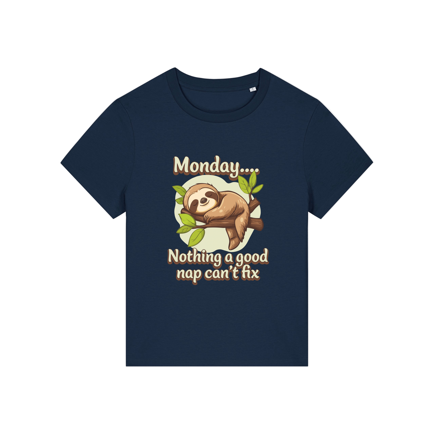 navy kawaii t-shirt with the graphic of a sloth and the slogan 'monday nothing a good nap can't fix'
