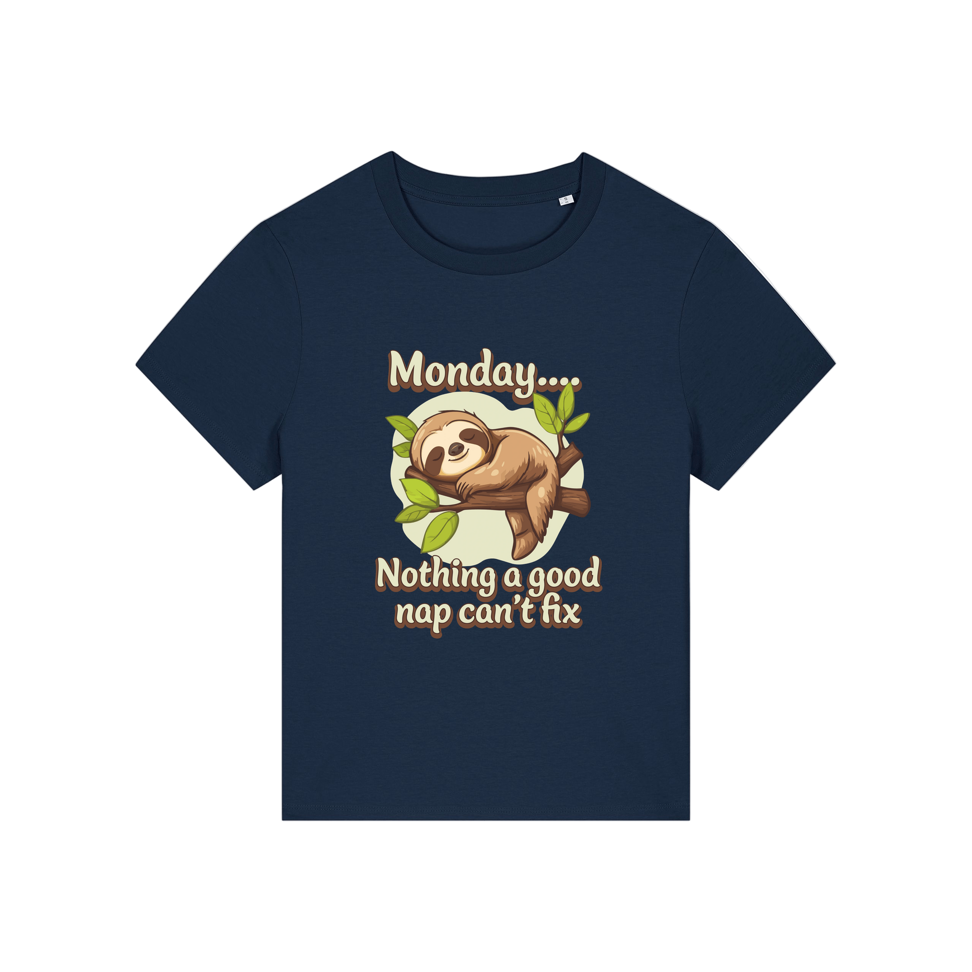 navy kawaii t-shirt with the graphic of a sloth and the slogan 'monday nothing a good nap can't fix'