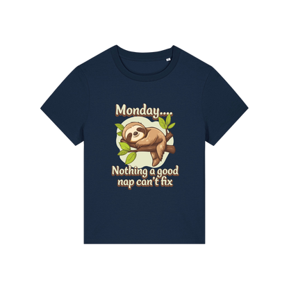 navy kawaii t-shirt with the graphic of a sloth and the slogan 'monday nothing a good nap can't fix'