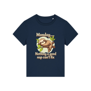 navy kawaii t-shirt with the graphic of a sloth and the slogan 'monday nothing a good nap can't fix'