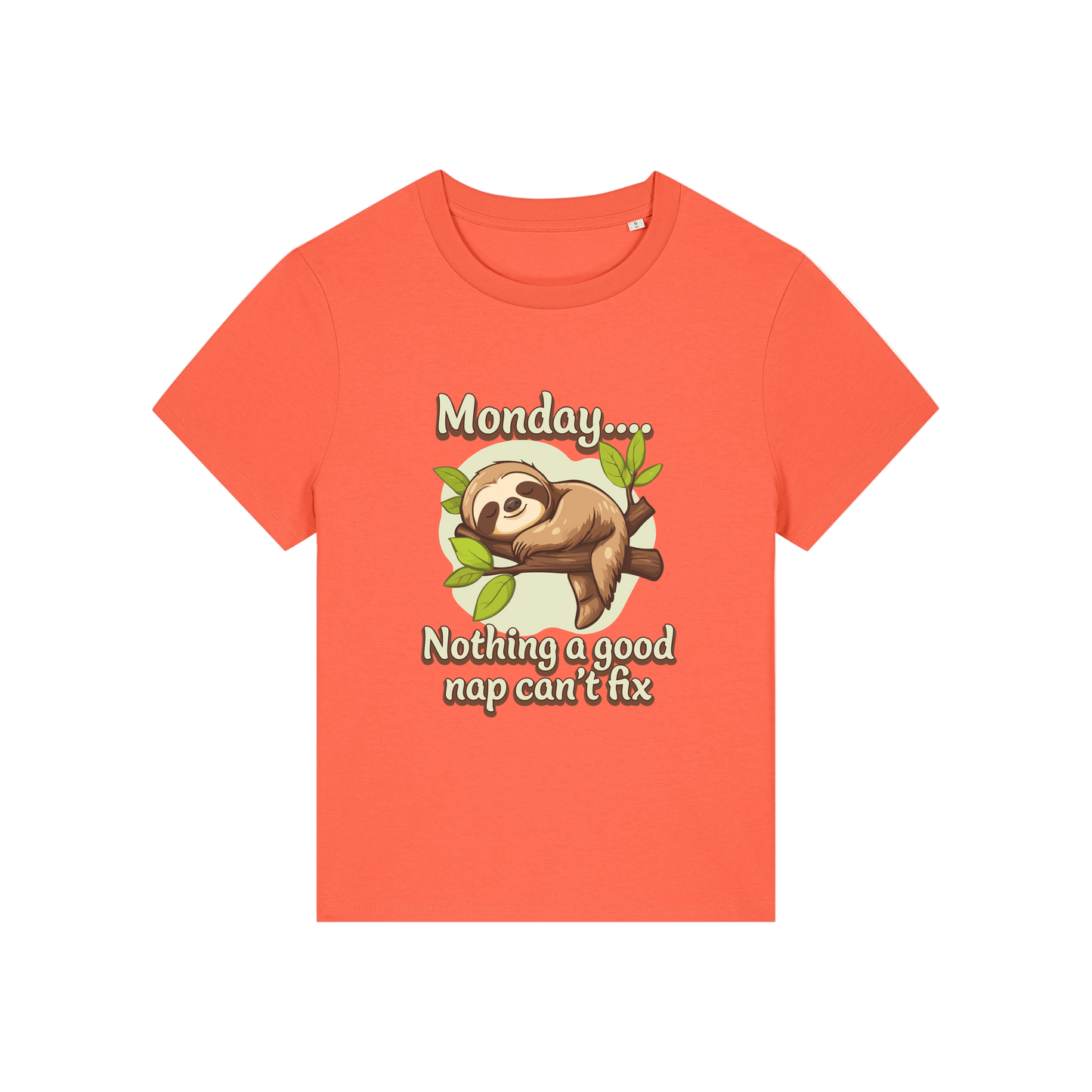 orange kawaii t-shirt with the graphic of a sloth and the slogan 'monday nothing a good nap can't fix'