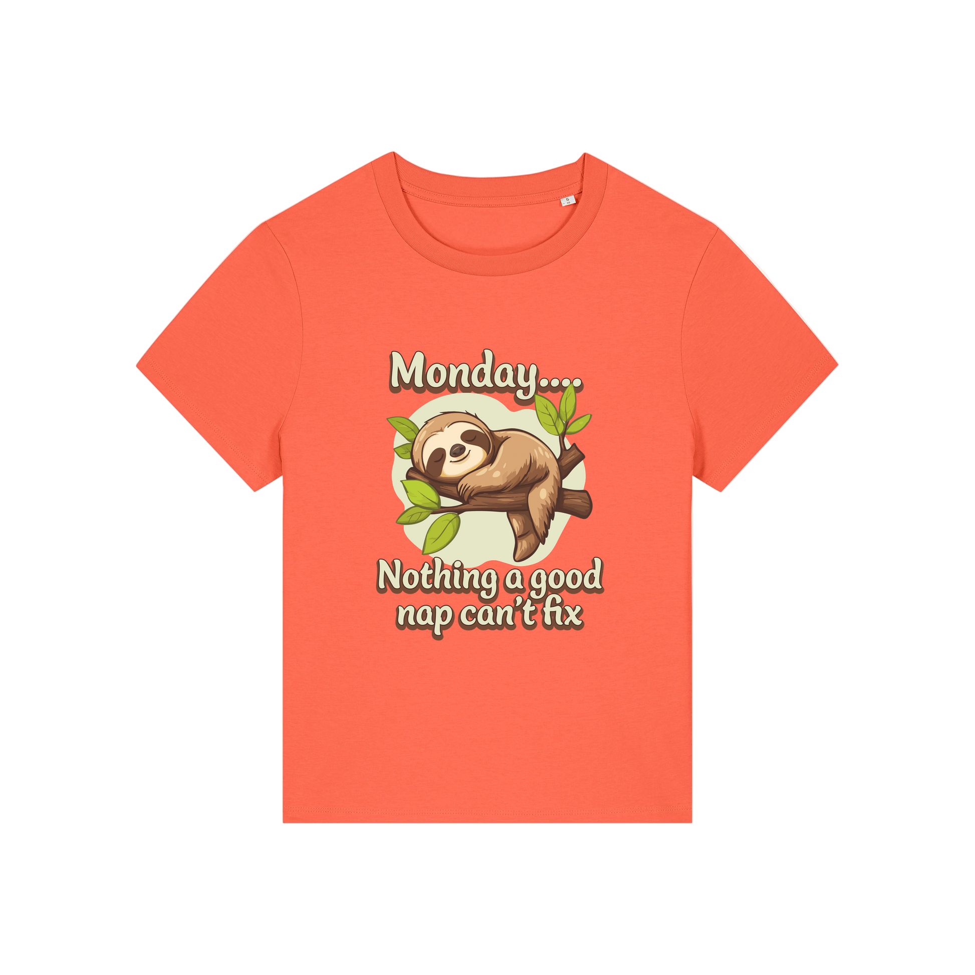 orange kawaii t-shirt with the graphic of a sloth and the slogan 'monday nothing a good nap can't fix'
