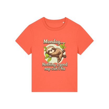 orange kawaii t-shirt with the graphic of a sloth and the slogan 'monday nothing a good nap can't fix'