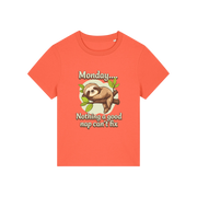orange kawaii t-shirt with the graphic of a sloth and the slogan 'monday nothing a good nap can't fix'