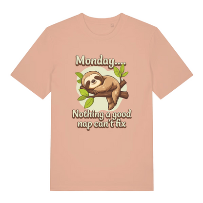 peach women's kawaii t-shirt with the graphic of a sleeping sloth and the slogan 'monday, nothing a good nap can't fix'