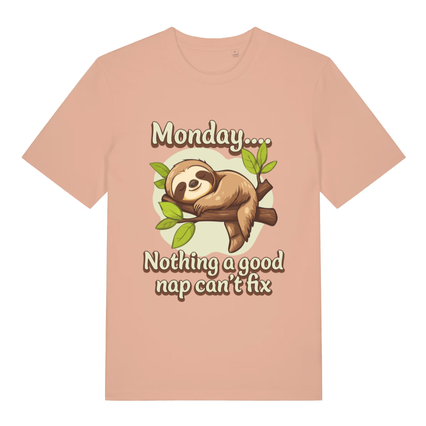 Peach Monday Nothing A Good Nap Can’t Fix funny graphic t-shirt with sleeping sloth and bold text  