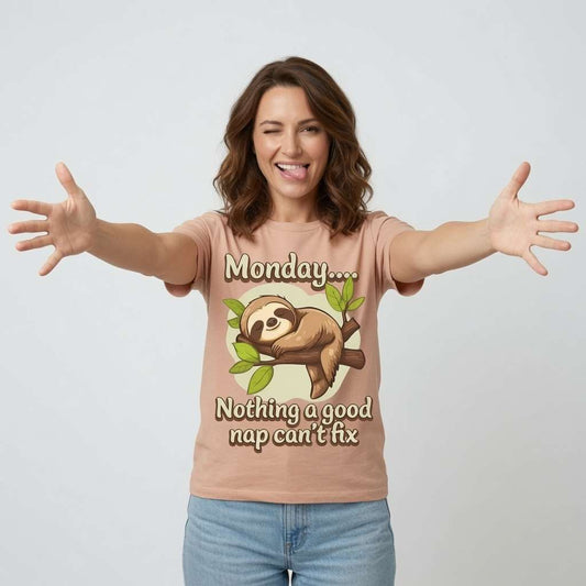 Woman with arms out tongue out winking in peach Monday Nothing a Good Nap Can’t Fix t-shirt featuring sleeping sloth, ladies cheeky monday sloth animal graphic