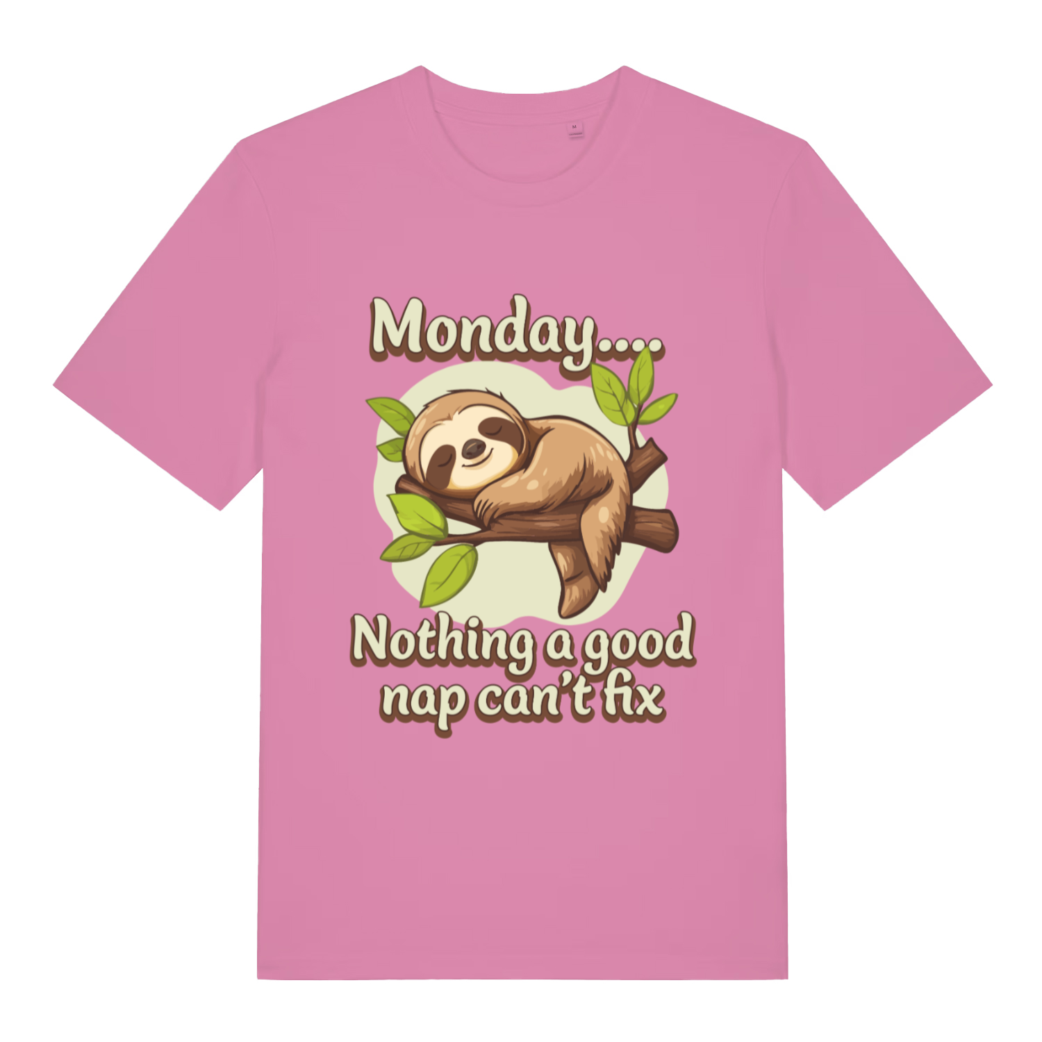 Pink Monday Nothing A Good Nap Can’t Fix funny graphic t-shirt showing napping sloth design  