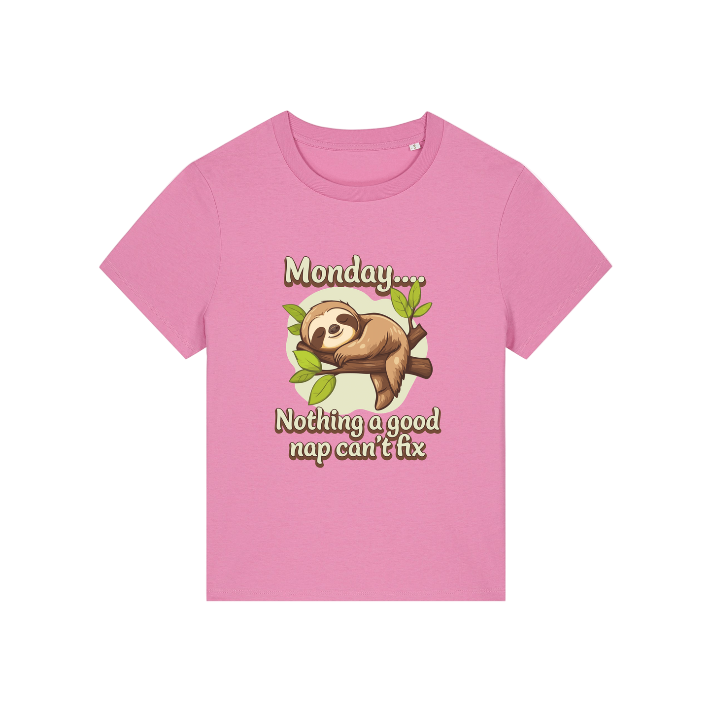 pink kawaii t-shirt with the graphic of a sloth and the slogan 'monday nothing a good nap can't fix'