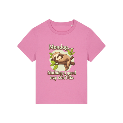 pink kawaii t-shirt with the graphic of a sloth and the slogan 'monday nothing a good nap can't fix'