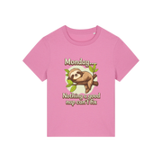 pink kawaii t-shirt with the graphic of a sloth and the slogan 'monday nothing a good nap can't fix'