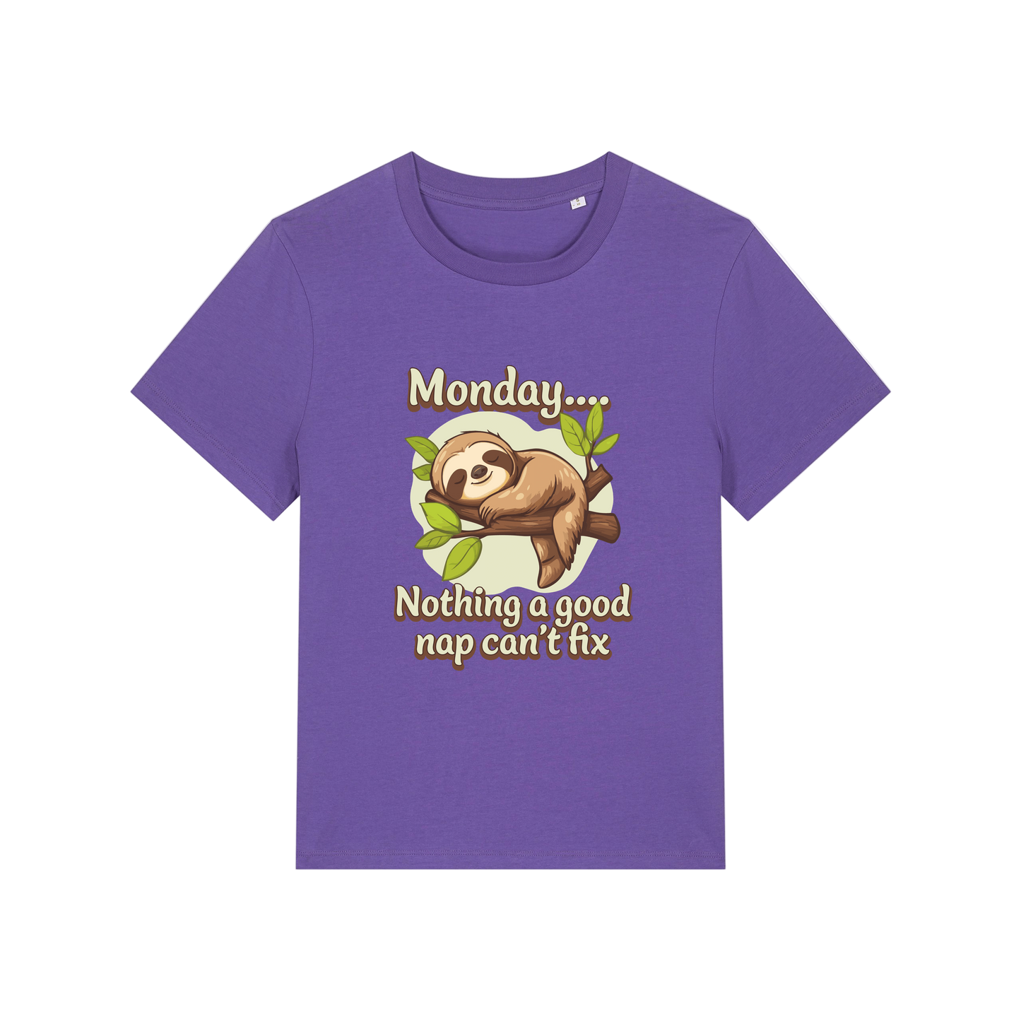 purple kawaii t-shirt with the graphic of a sloth and the slogan 'monday nothing a good nap can't fix'