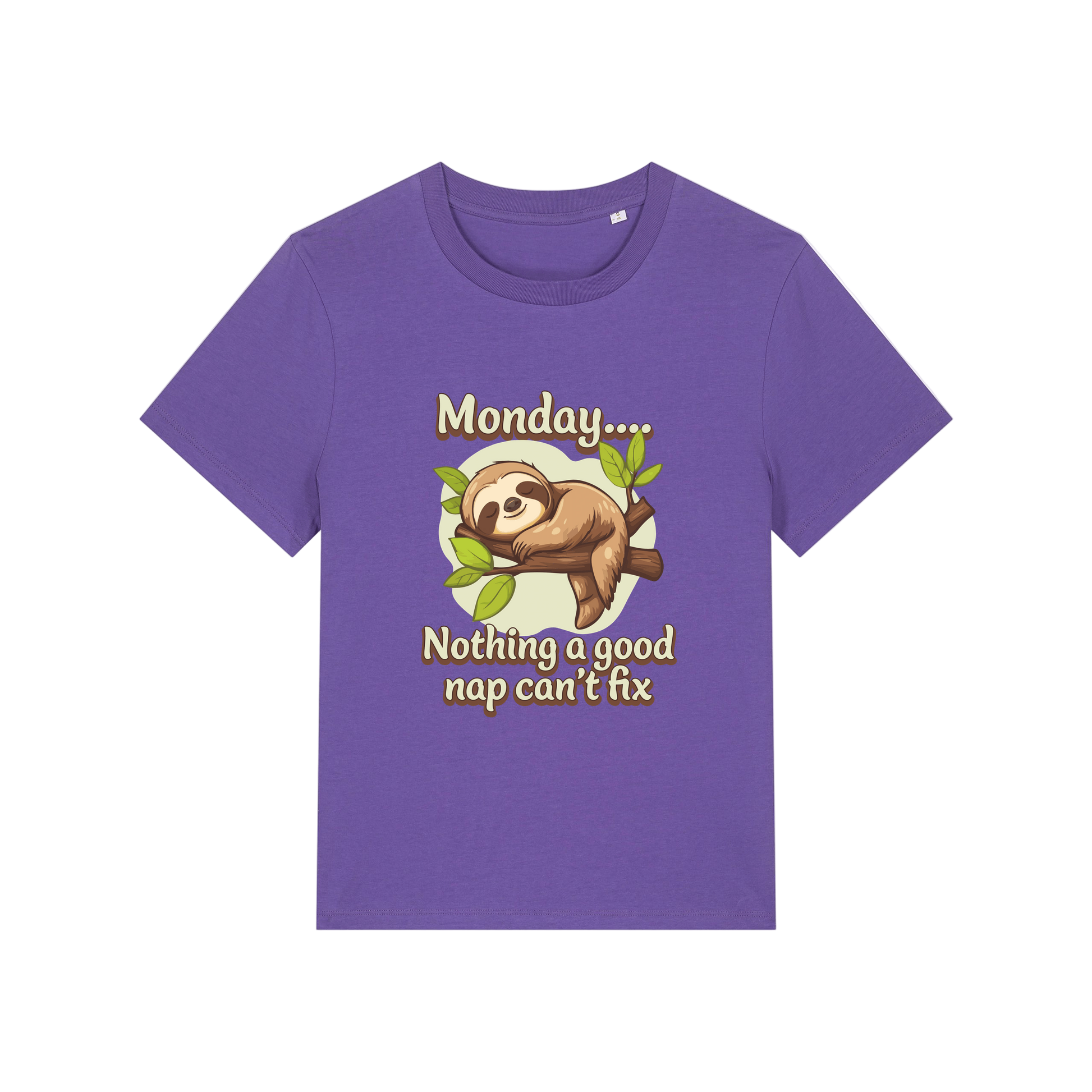 purple kawaii t-shirt with the graphic of a sloth and the slogan 'monday nothing a good nap can't fix'