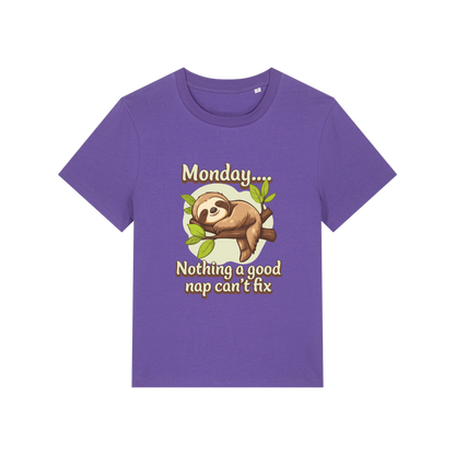 purple kawaii t-shirt with the graphic of a sloth and the slogan 'monday nothing a good nap can't fix'