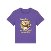 purple kawaii t-shirt with the graphic of a sloth and the slogan 'monday nothing a good nap can't fix'
