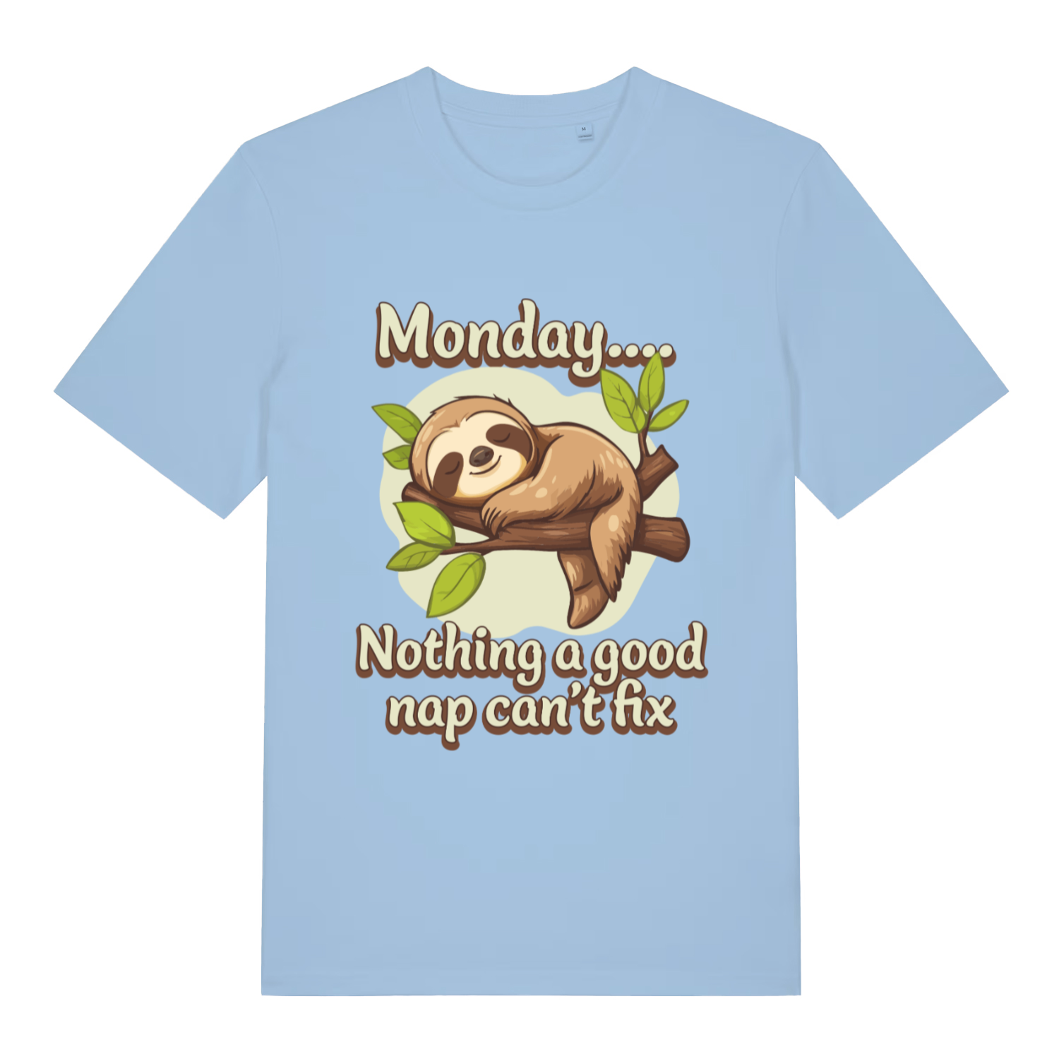 Sky blue Monday Nothing A Good Nap Can’t Fix funny graphic t-shirt with cute sleeping sloth graphic  