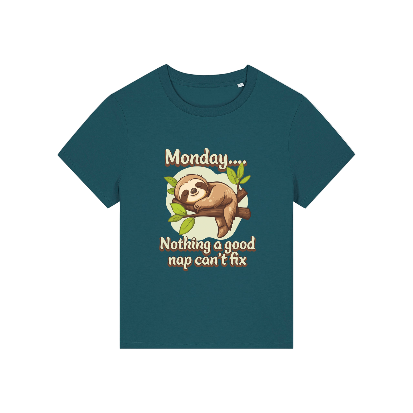 teal kawaii t-shirt with the graphic of a sloth and the slogan 'monday nothing a good nap can't fix'