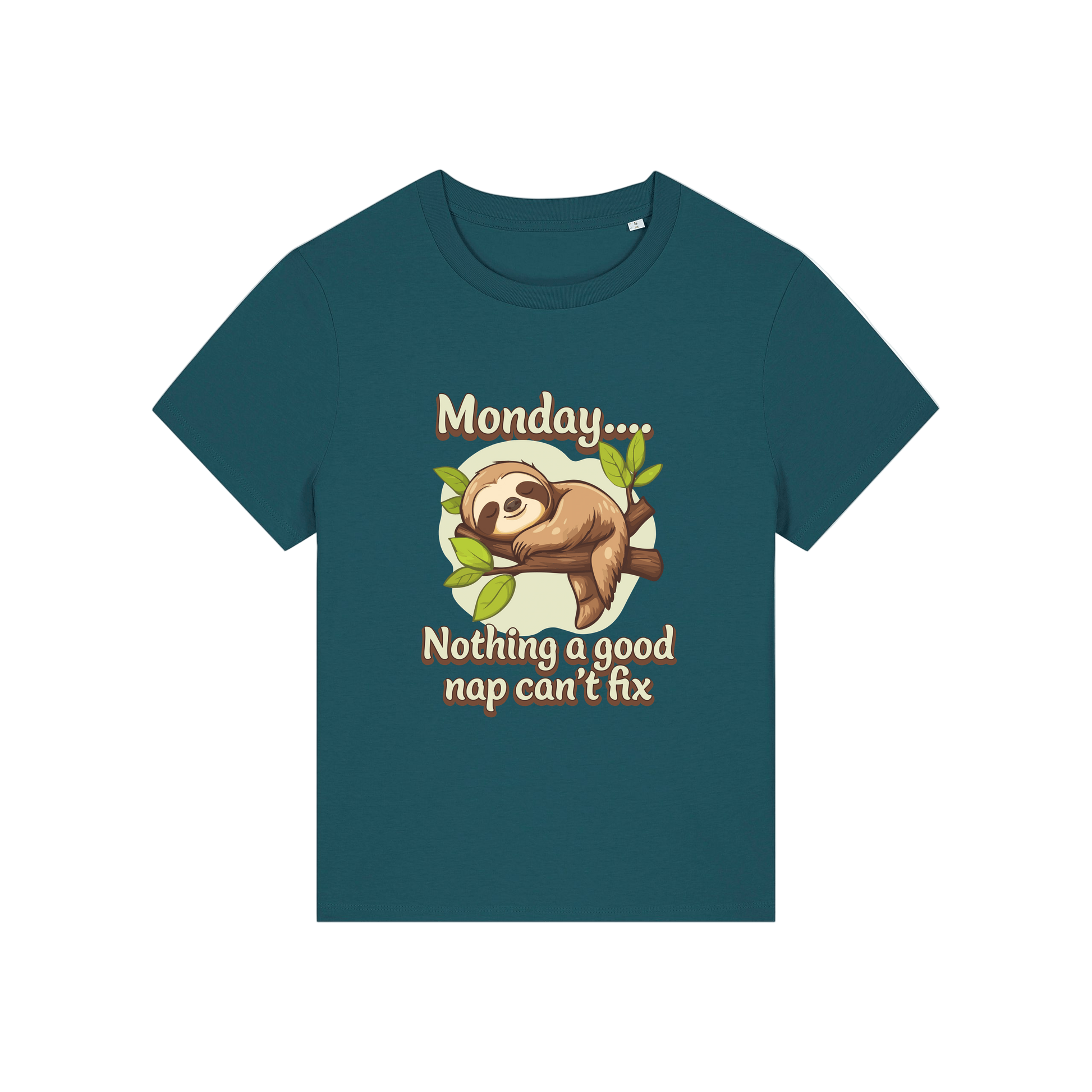 teal kawaii t-shirt with the graphic of a sloth and the slogan 'monday nothing a good nap can't fix'