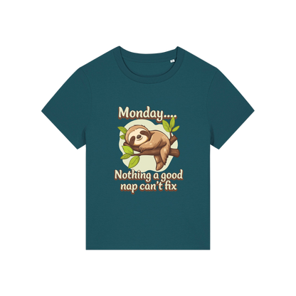 teal kawaii t-shirt with the graphic of a sloth and the slogan 'monday nothing a good nap can't fix'