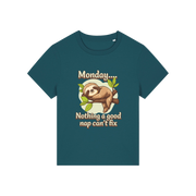 teal kawaii t-shirt with the graphic of a sloth and the slogan 'monday nothing a good nap can't fix'