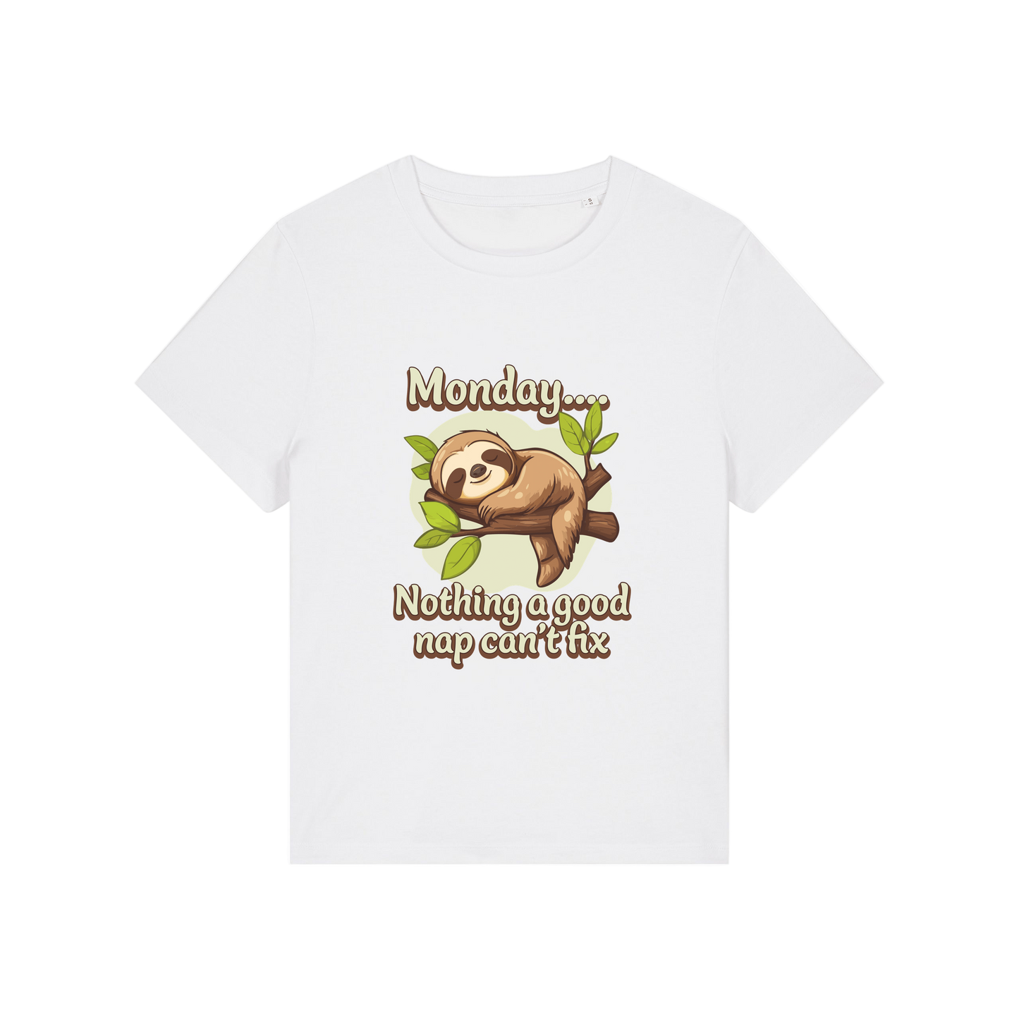 white kawaii t-shirt with the graphic of a sloth and the slogan 'monday nothing a good nap can't fix'