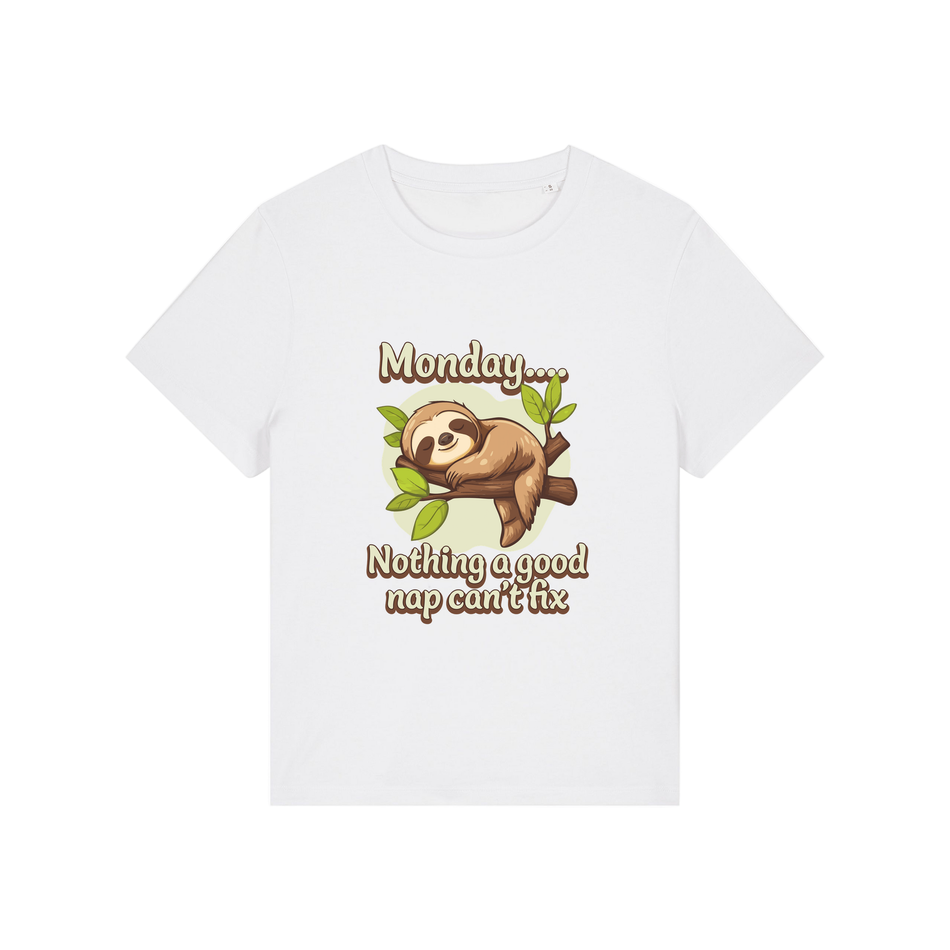 white kawaii t-shirt with the graphic of a sloth and the slogan 'monday nothing a good nap can't fix'