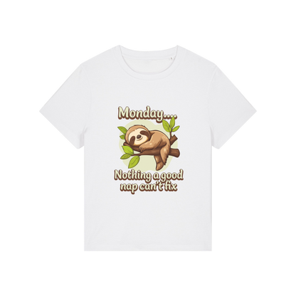 white kawaii t-shirt with the graphic of a sloth and the slogan 'monday nothing a good nap can't fix'