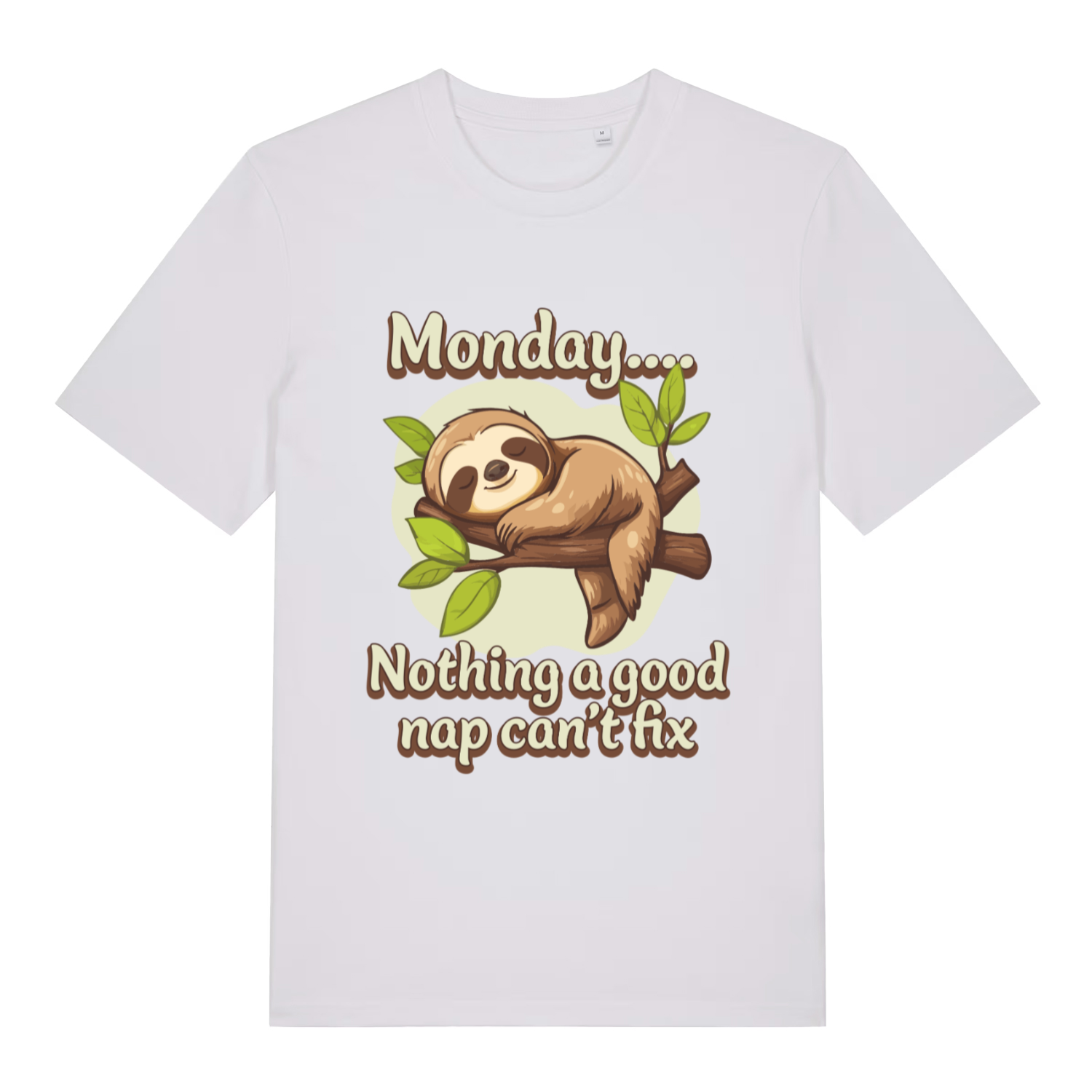 White Monday Nothing A Good Nap Can’t Fix funny graphic t-shirt featuring napping sloth and Monday slogan  