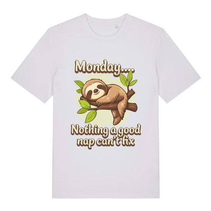 White Monday Nothing A Good Nap Can’t Fix funny graphic t-shirt featuring napping sloth and Monday slogan  