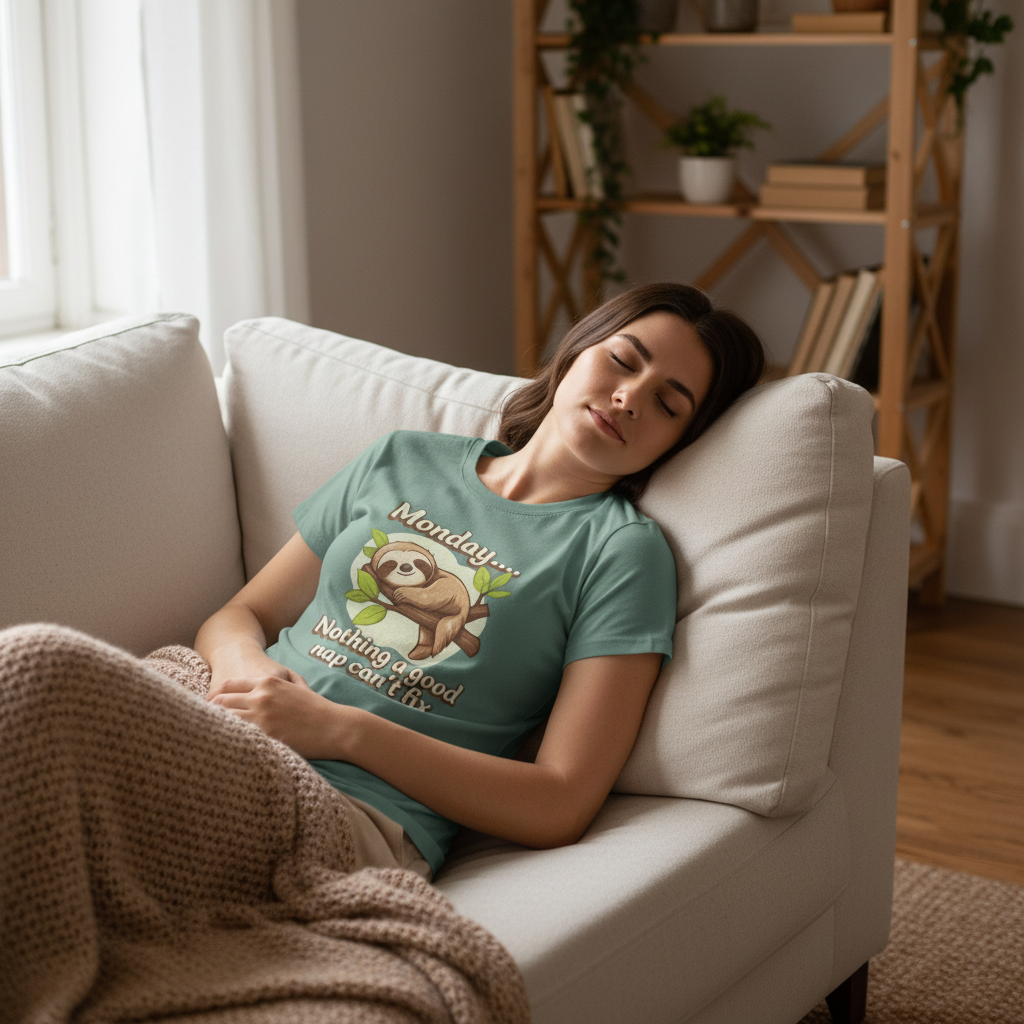 Woman wearing a green t-shirt with a sloth graphic, sitting on a couch in a cozy living room.