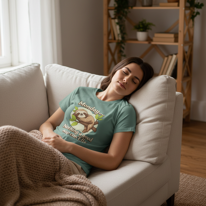 Woman wearing a green t-shirt with a sloth graphic, sitting on a couch in a cozy living room.