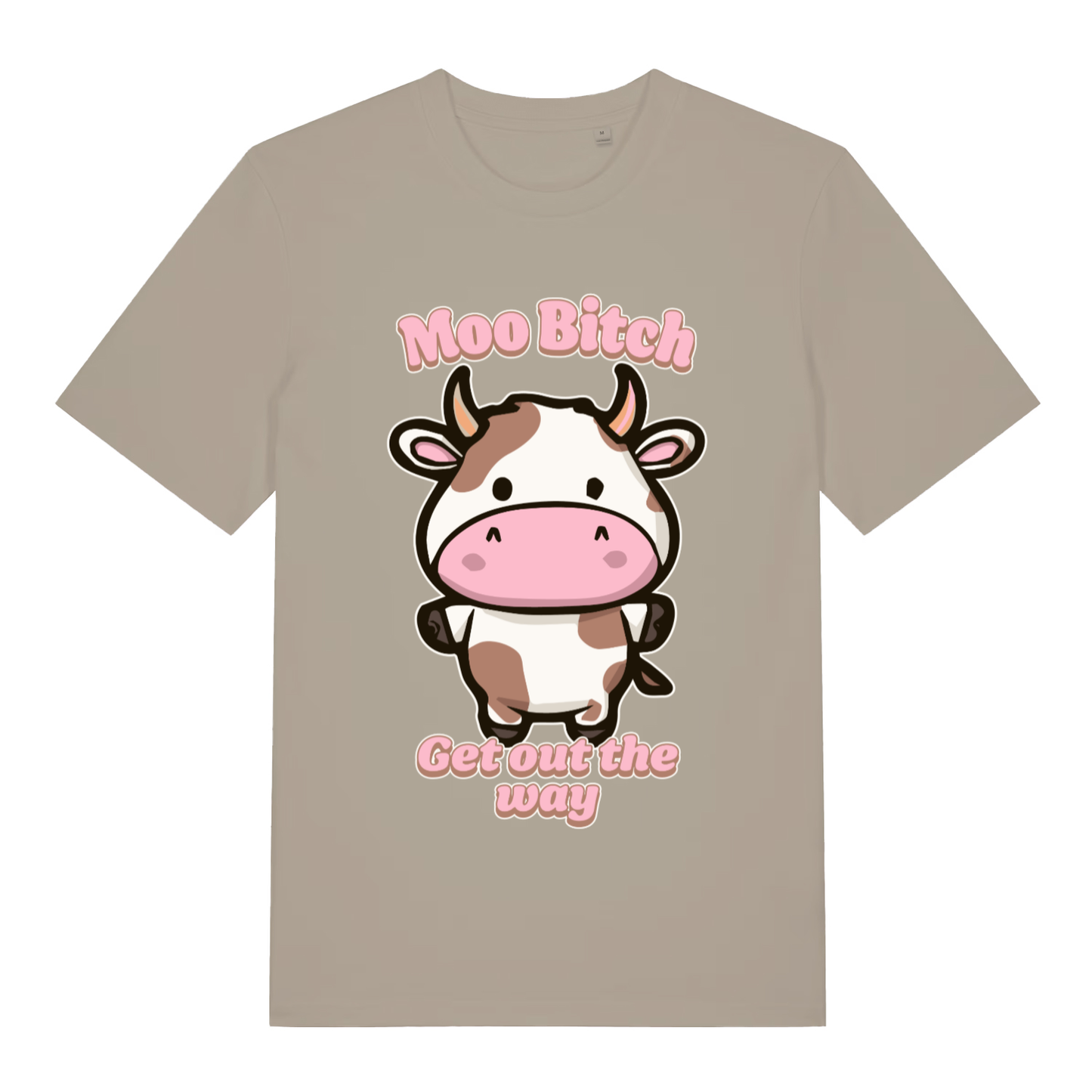 Beige Moo Bitch Get Out The Way funny graphic t-shirt with cute angry cow design and pink text  