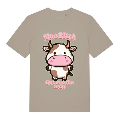 Beige Moo Bitch Get Out The Way funny graphic t-shirt with cute angry cow design and pink text  