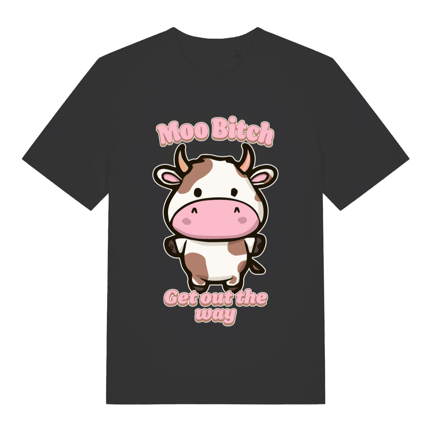 Black Moo Bitch Get Out The Way funny graphic t-shirt featuring kawaii cow and bold pink lettering  
