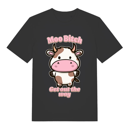 Black Moo Bitch Get Out The Way funny graphic t-shirt featuring kawaii cow and bold pink lettering  