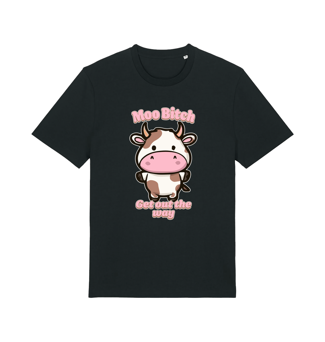 black kawaii t-shirt with the graphic of a cute cow and the slogan 'moo bitch get out the way'