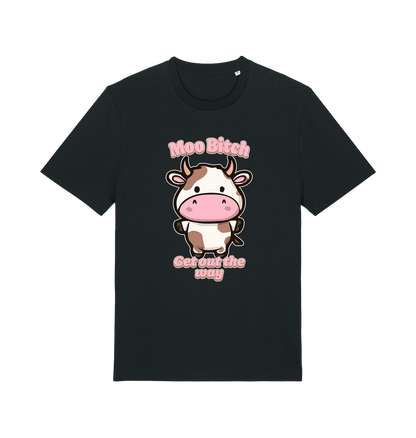 black kawaii t-shirt with the graphic of a cute cow and the slogan 'moo bitch get out the way'