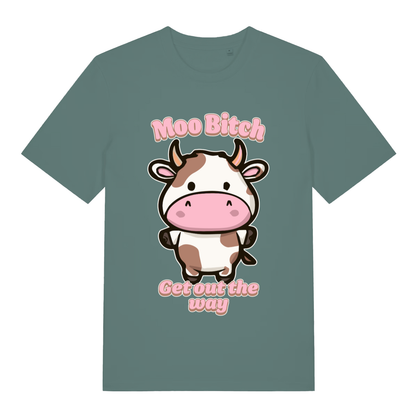 Green Bay Moo Bitch Get Out The Way funny graphic t-shirt with cute cow and “Get out the way” text  