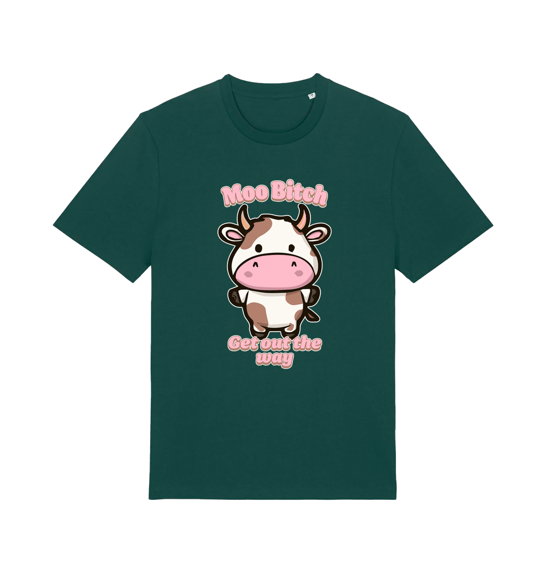 green kawaii t-shirt with the graphic of a cute cow and the slogan 'moo bitch get out the way'
