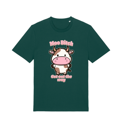 green kawaii t-shirt with the graphic of a cute cow and the slogan 'moo bitch get out the way'