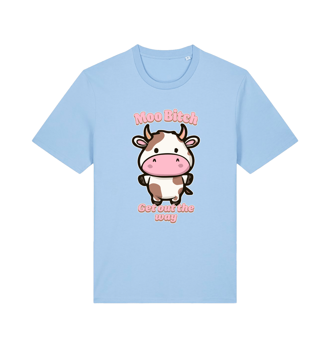 light blue kawaii t-shirt with the graphic of a cute cow and the slogan 'moo bitch get out the way'