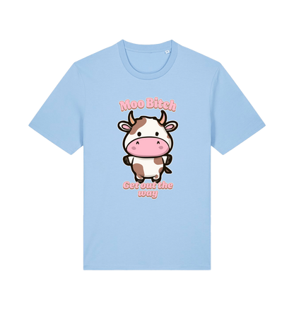 light blue kawaii t-shirt with the graphic of a cute cow and the slogan 'moo bitch get out the way'