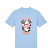 light blue kawaii t-shirt with the graphic of a cute cow and the slogan 'moo bitch get out the way'