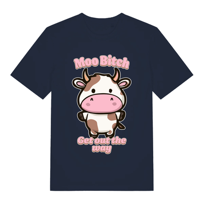 Navy Moo Bitch Get Out The Way funny graphic t-shirt showing kawaii cow design and pink slogan  